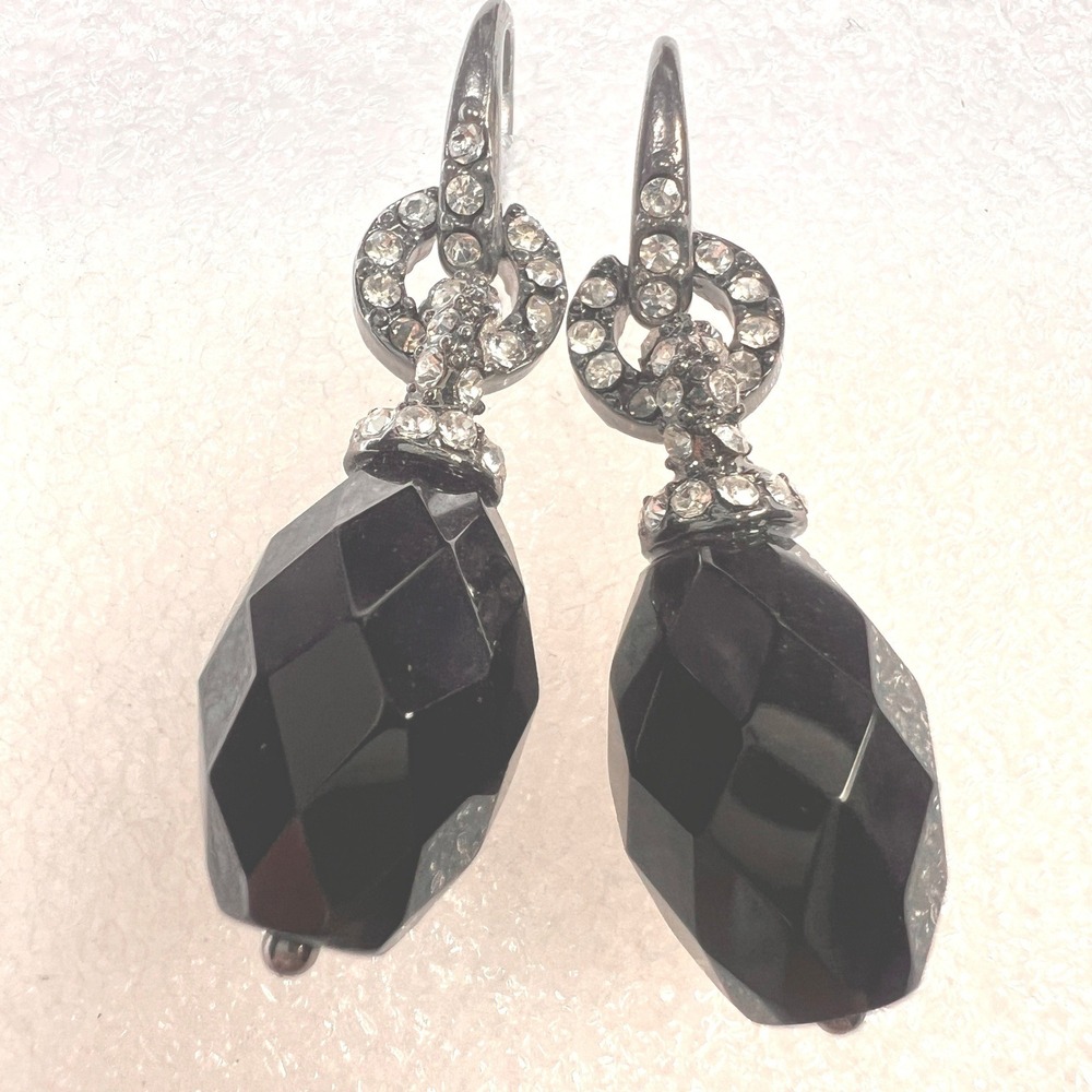 Vintage Sterling Silver Earrings‎ Faceted Black Glass Rhinestones French Hook